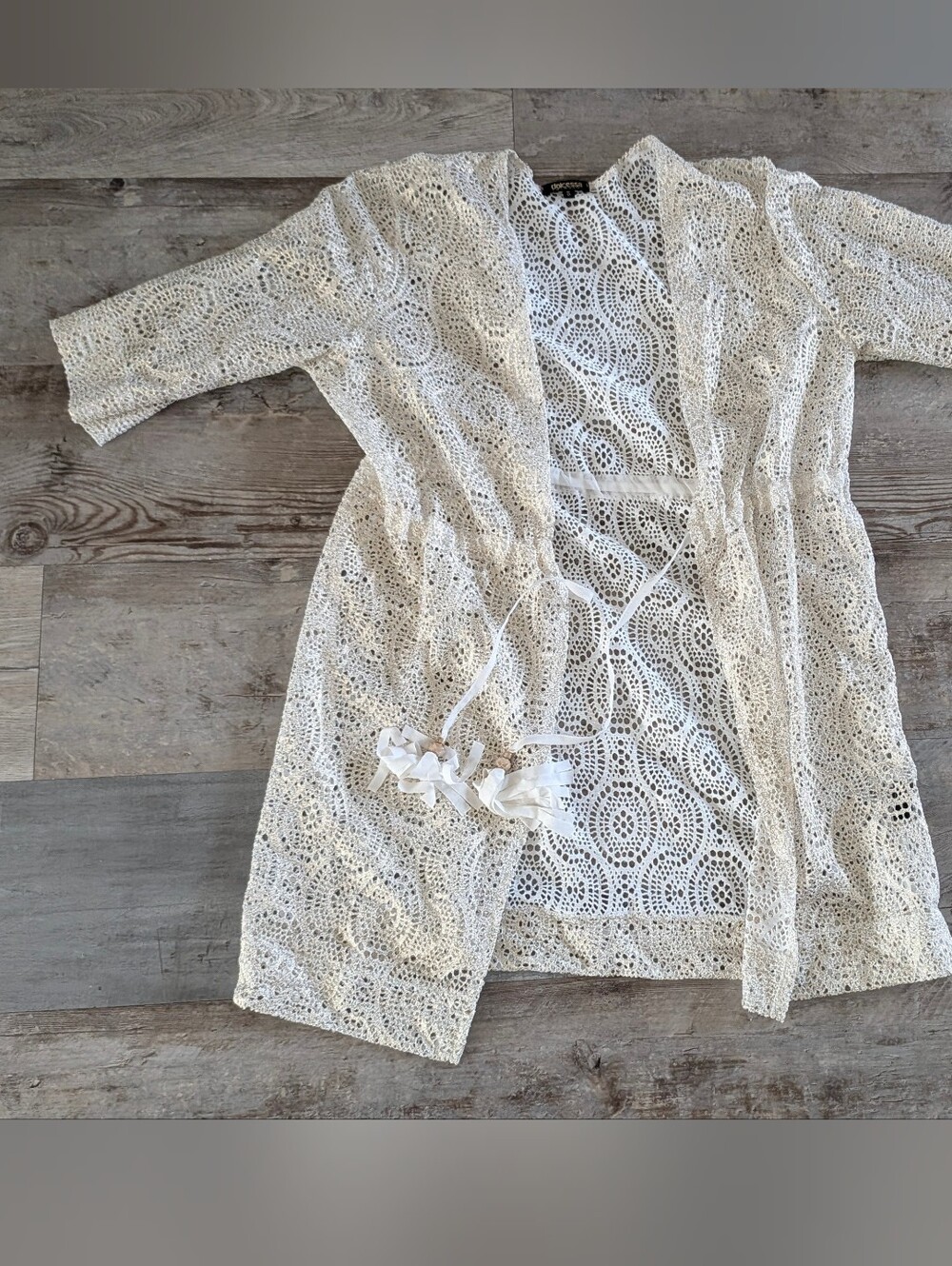Vegas Ready Lace Crochet Swim Coverup Kimono - White & Gold